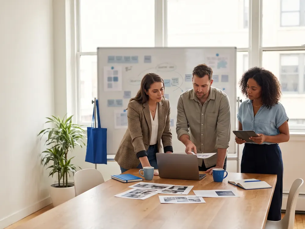 An account manager, creative professional, and operations lead reviewing deliverables together in a bright project room