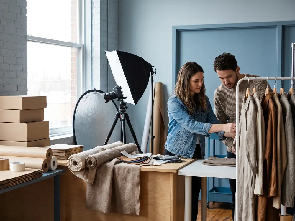 A fashion brand founder and colleague reviewing a small garment collection beside an organized packing station in a studio