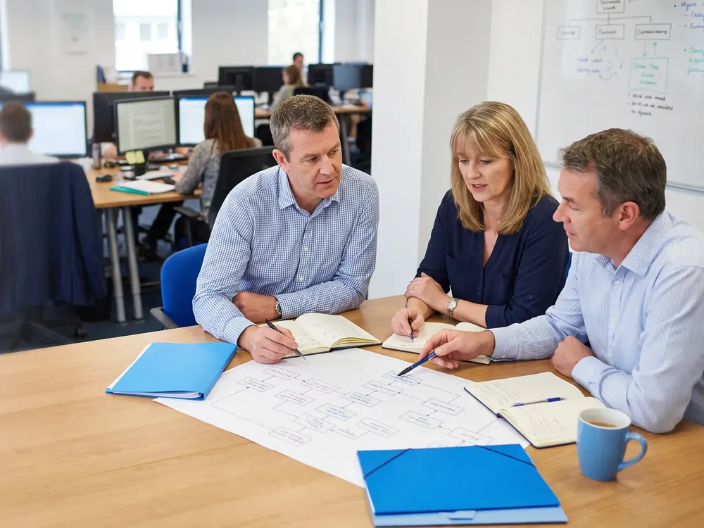 Three experienced managers reviewing an operational workflow together beside an active, organized workspace